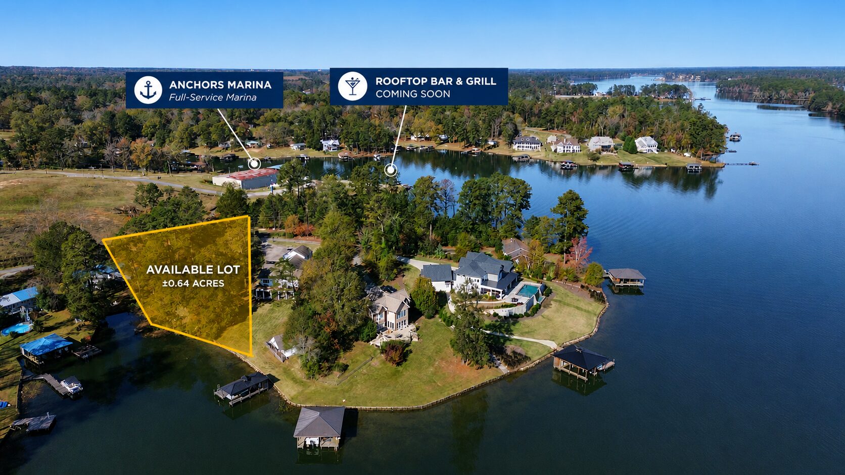Aerial view of 146 Bass Rd showing the ±0.64 acre lot, Anchors Marina, and upcoming Rooftop Bar & Grill