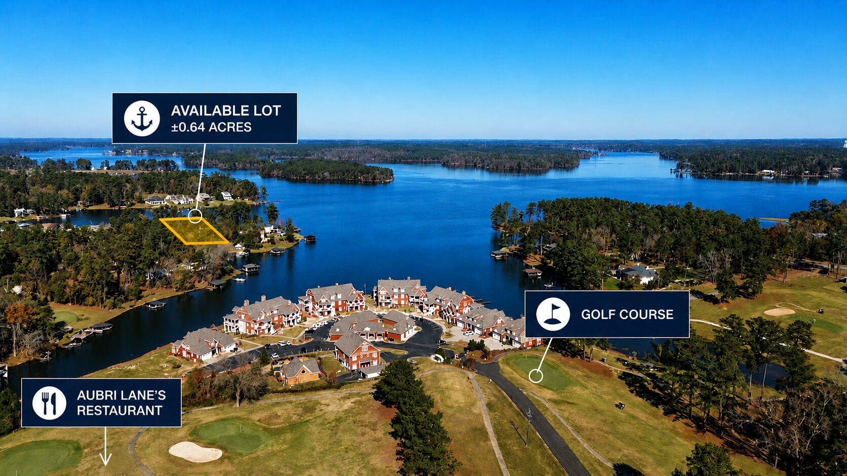 Aerial view labeling the available ±0.64 acre lot, Aubri Lane's Restaurant, and the golf course